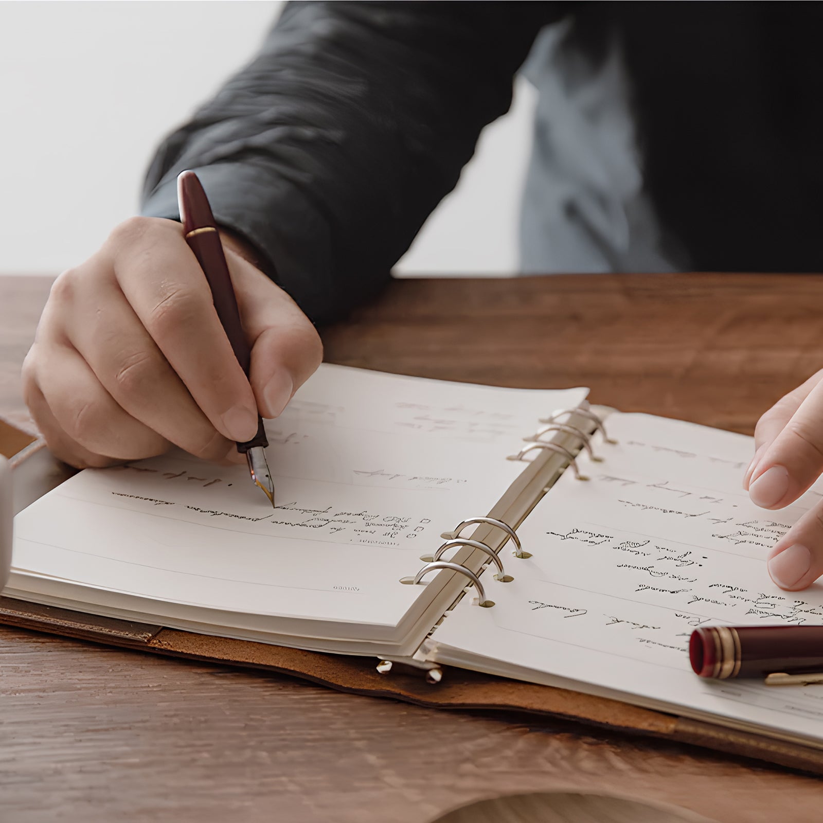 Person writing in a notebook with a pen on a wooden table