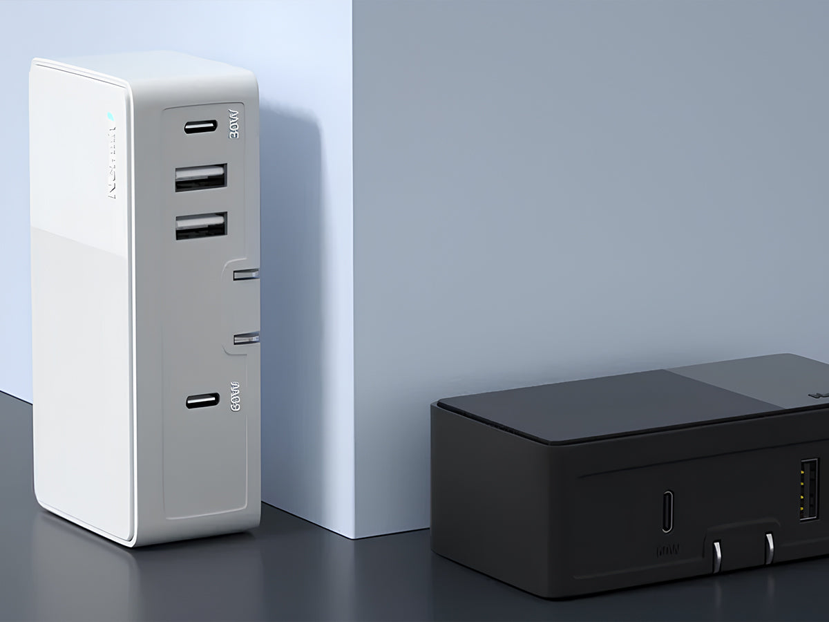 White and black electronic devices on a reflective surface with a light blue background