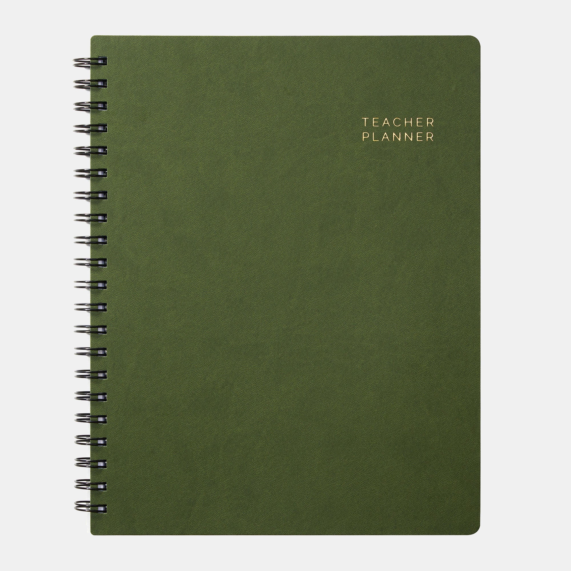 Green teacher planner with spiral binding on a white background