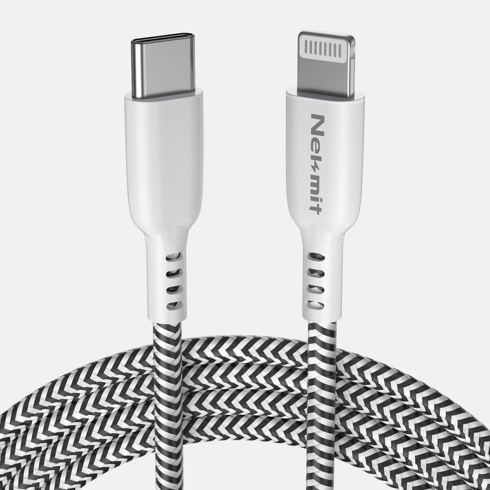 White charging cable with USB-C and Lightning connectors on a light gray background