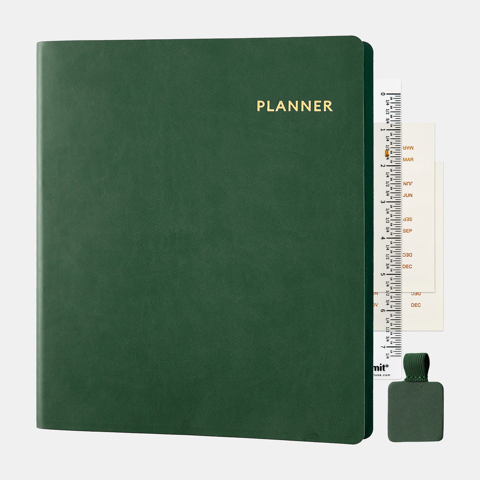 Green planner with a ruler and small pouch on a white background