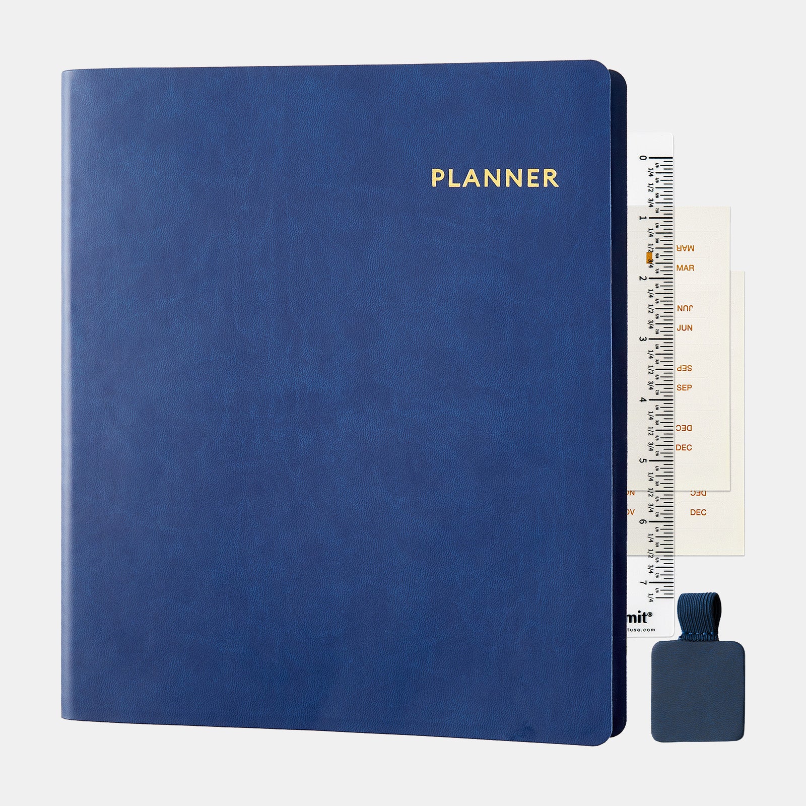 Blue planner with 'PLANNER' text, ruler, and small blue pouch on a white background