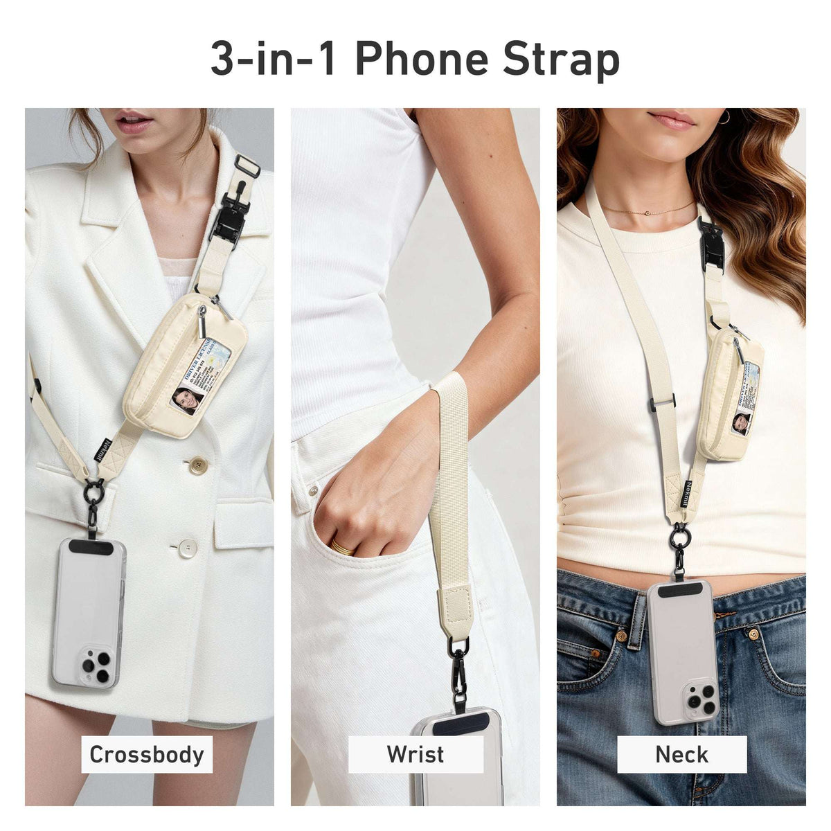 Nekmit Clip and Go Strap for Phone with Wallet Crossbody Beige