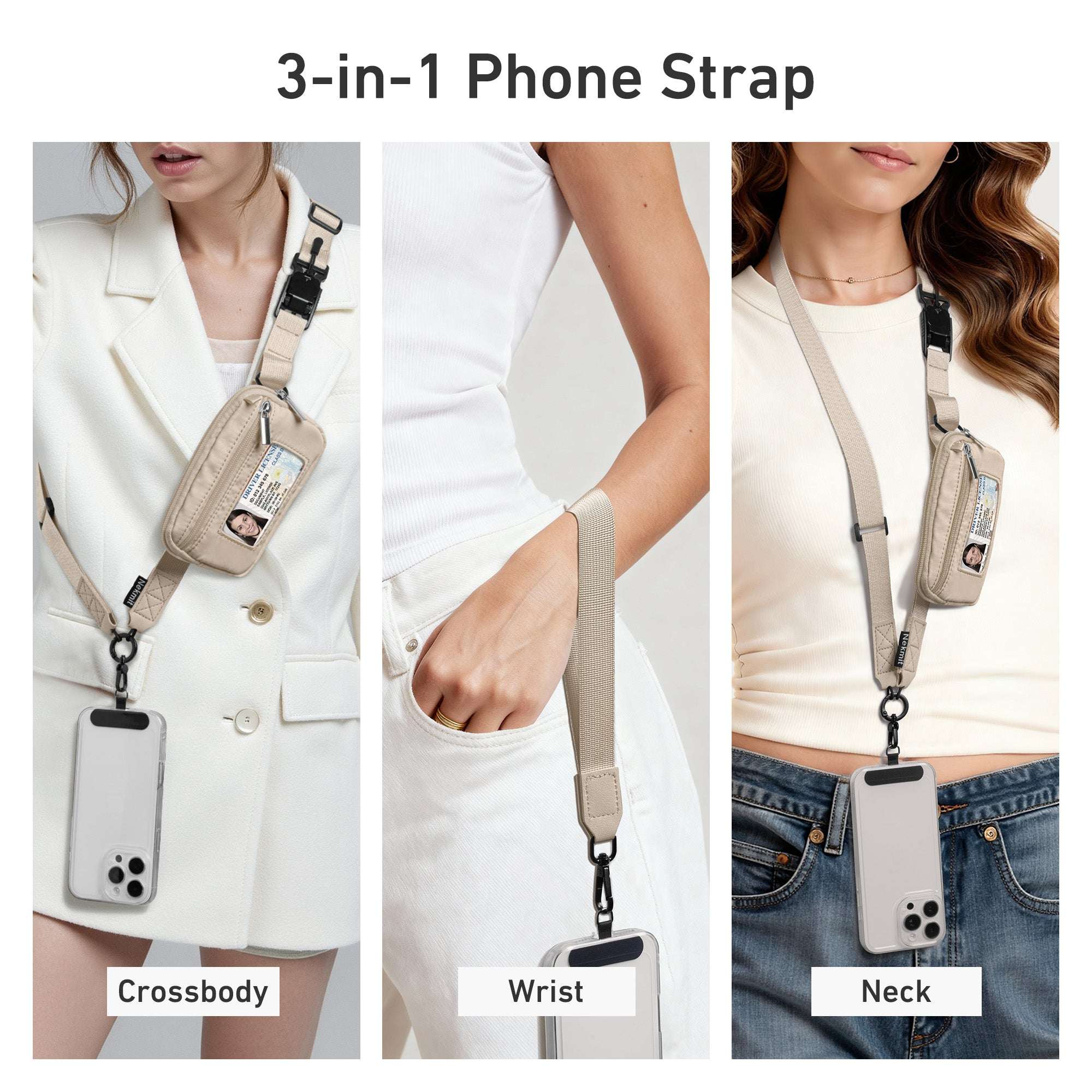 Nekmit Clip and Go Strap for Phone with Wallet Crossbody Dark Beige