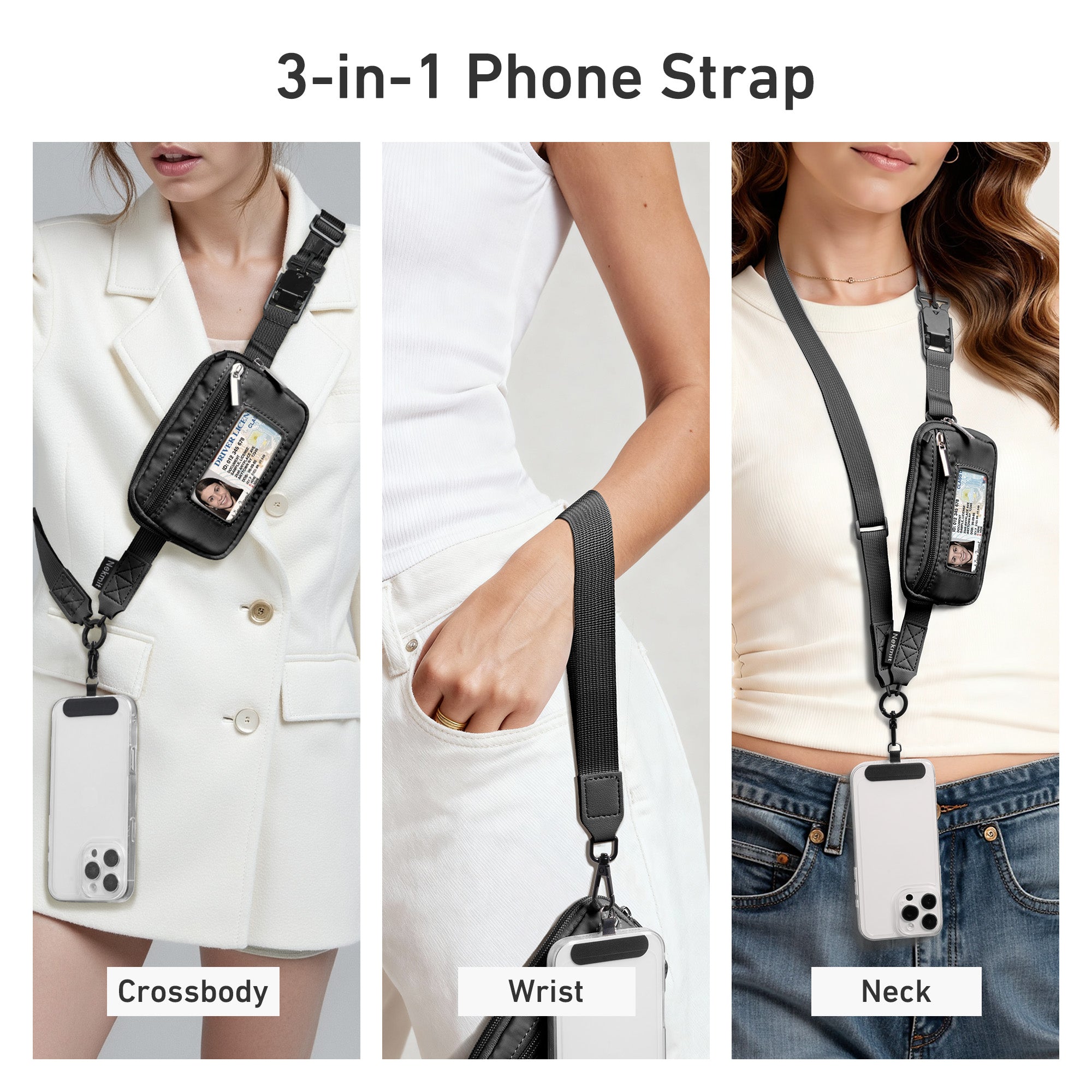 Nekmit Clip and Go Strap for Phone with Wallet Crossbody Black
