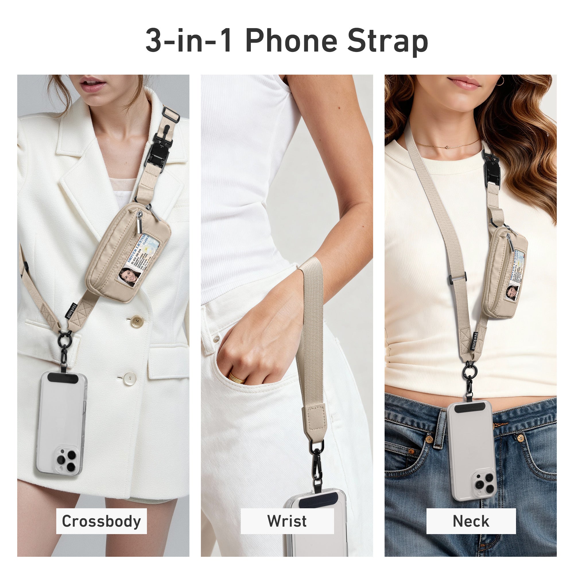 Nekmit Clip and Go Strap for Phone with Wallet Crossbody Dark Beige