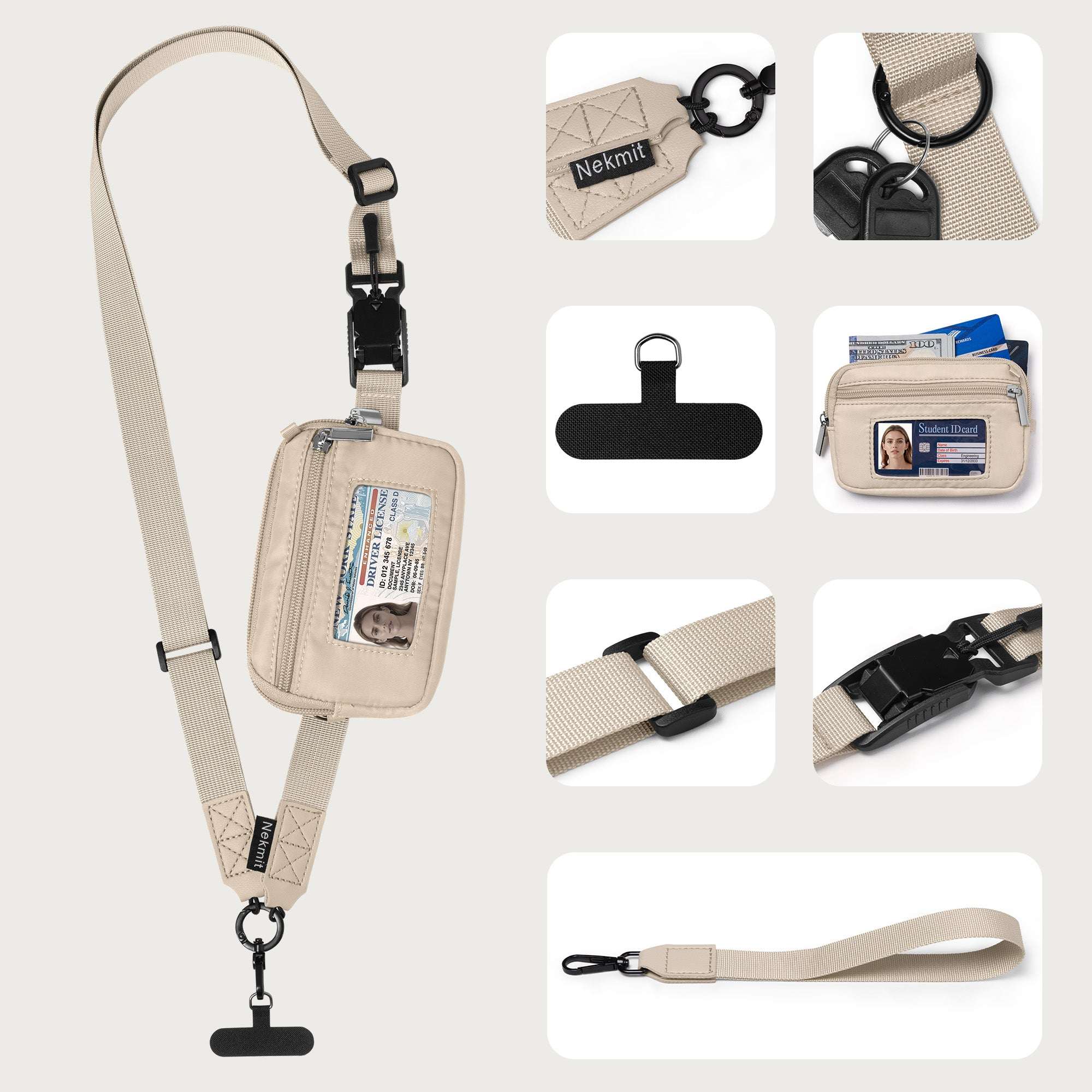 Nekmit Clip and Go Strap for Phone with Wallet Crossbody Dark Beige
