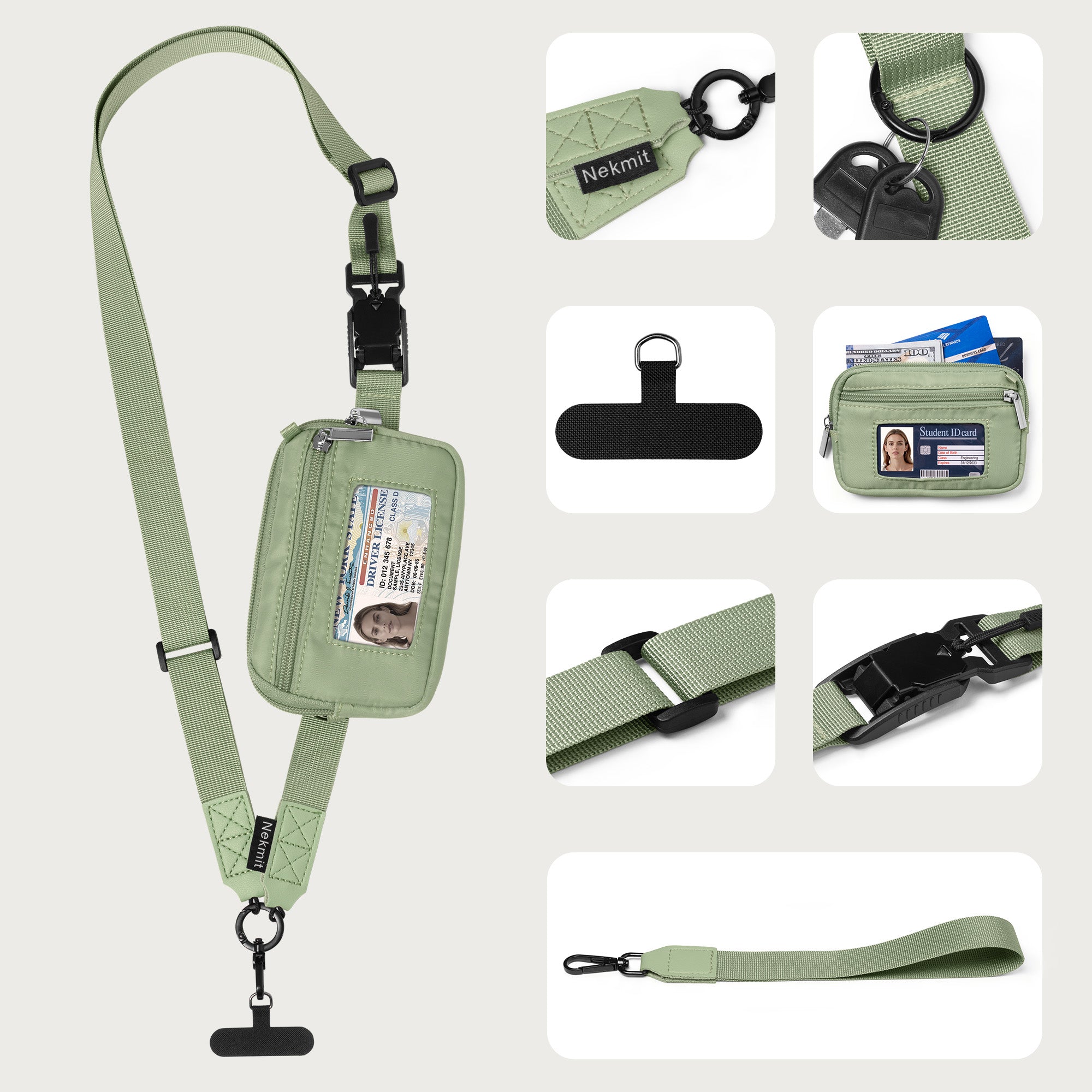 Nekmit Clip and Go Strap for Phone with Wallet Crossbody Green