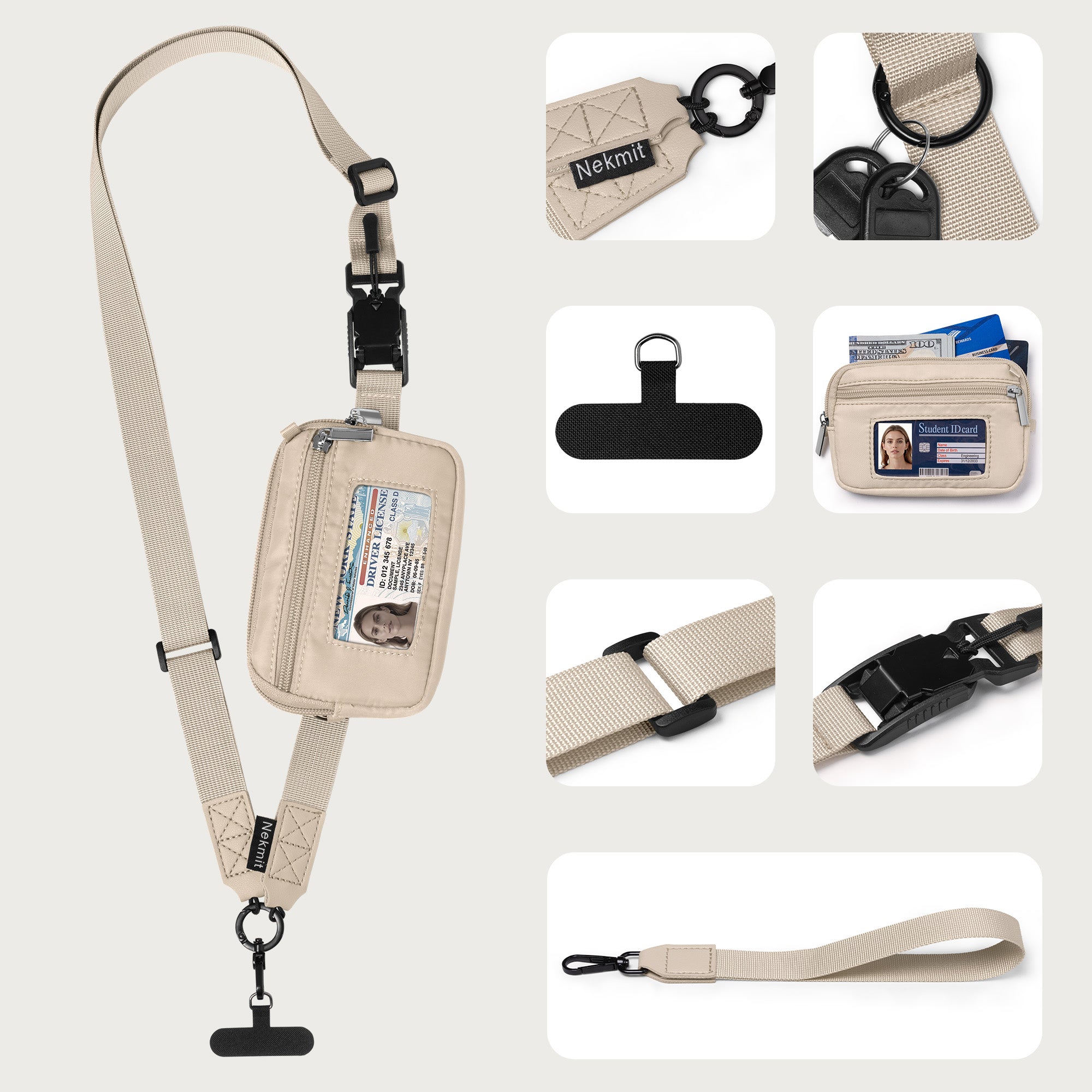 Nekmit Clip and Go Strap for Phone with Wallet Crossbody Dark Beige