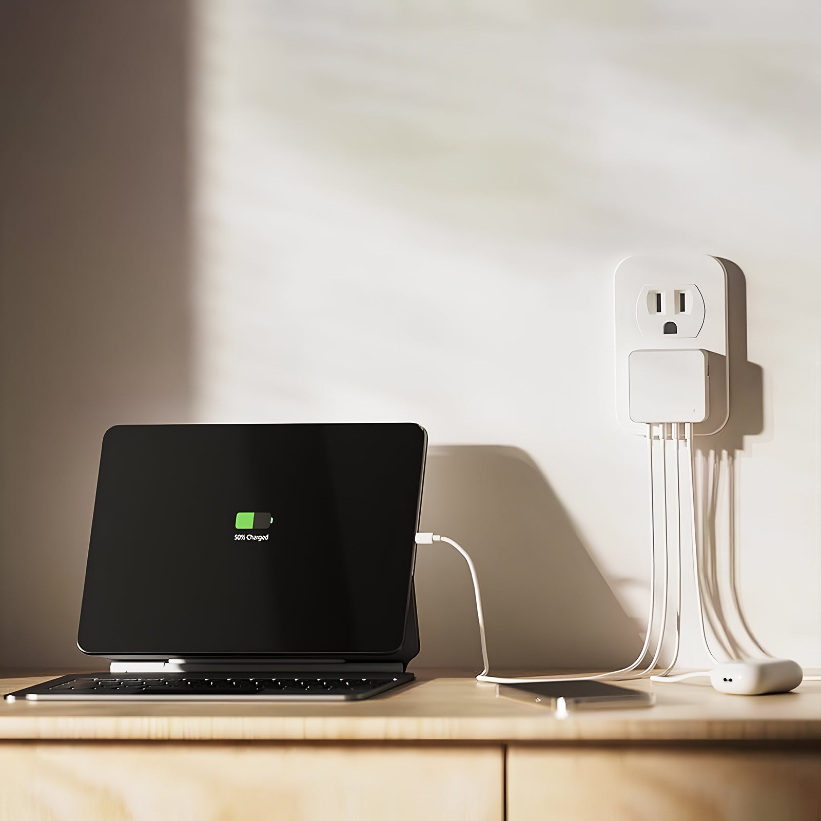 Laptop with a power adapter on a wooden surface